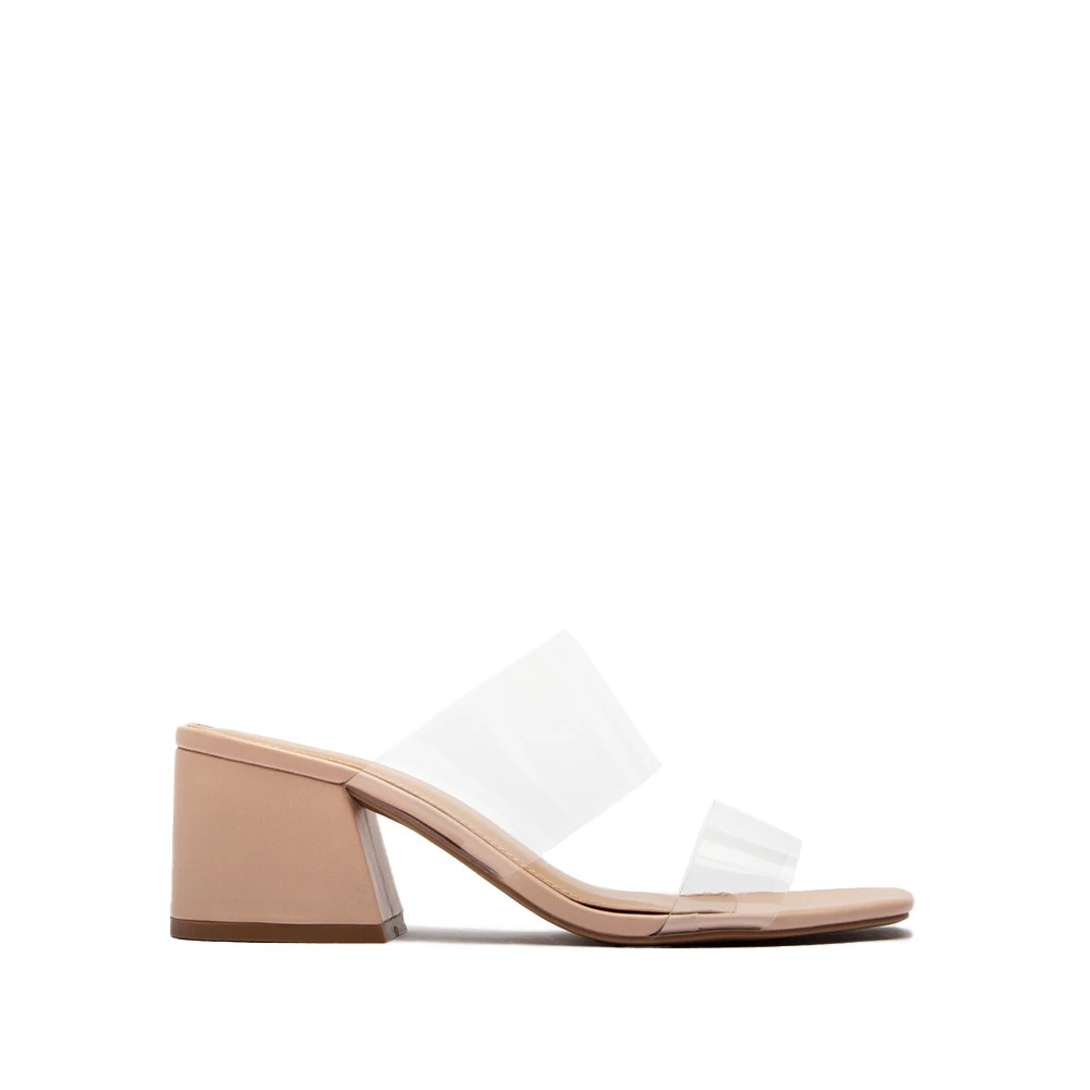 Tan clear band heels sandals slip on square toe events formal party mule - Picture 9 of 9
